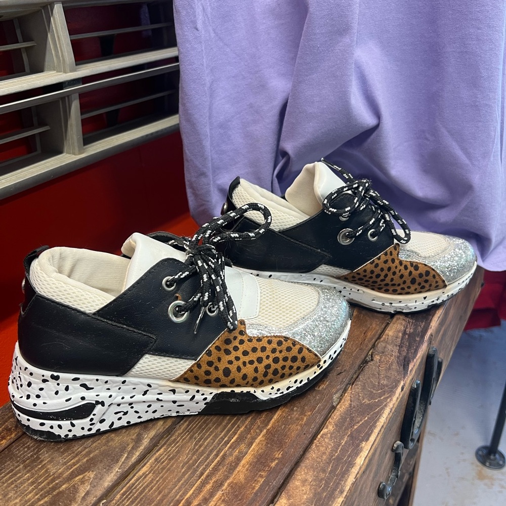 Mixed-Print Chunky Sneakers in Black, White & Leopard